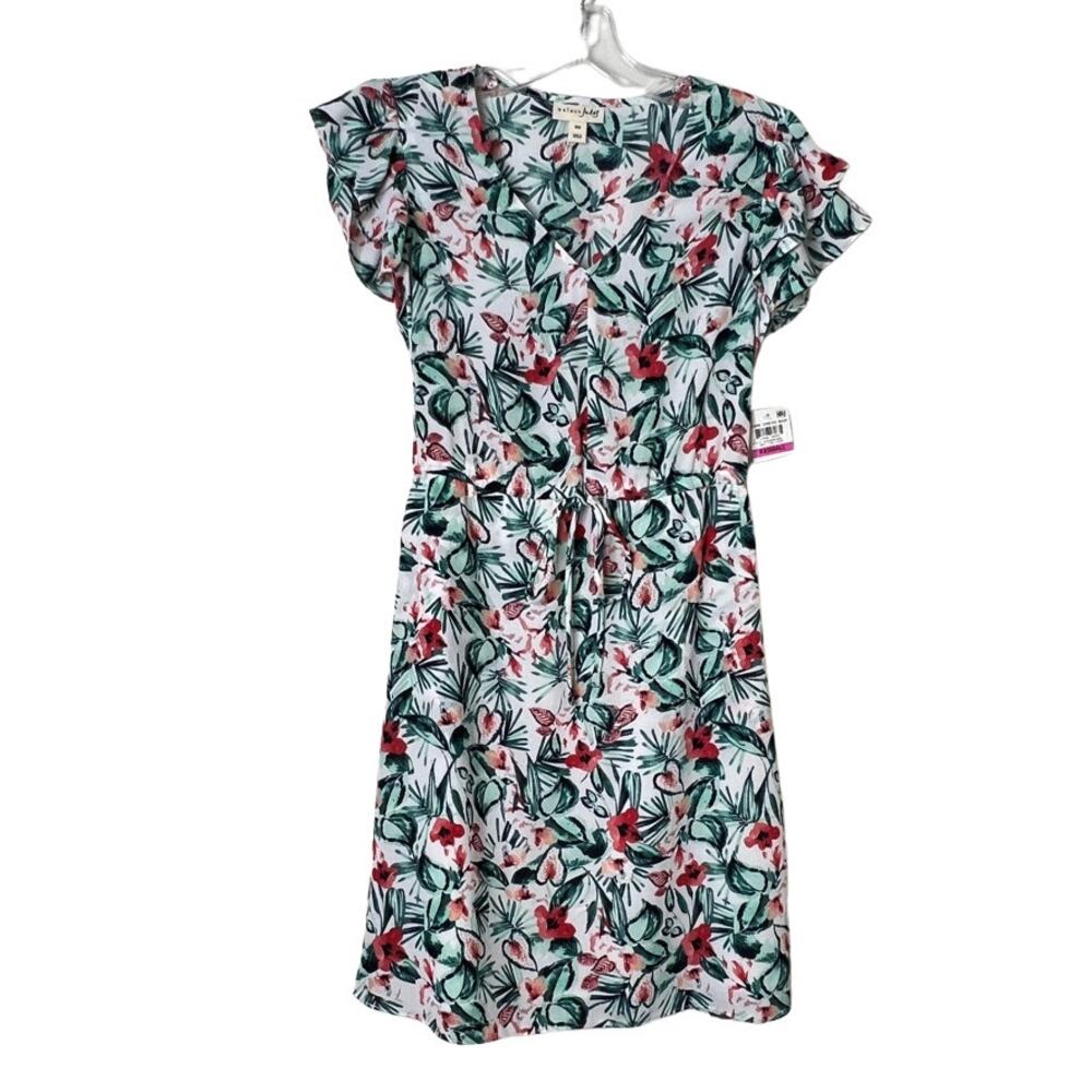 Maison Jules Printed Flutter-Sleeve Dress White Green Red Womens XXS